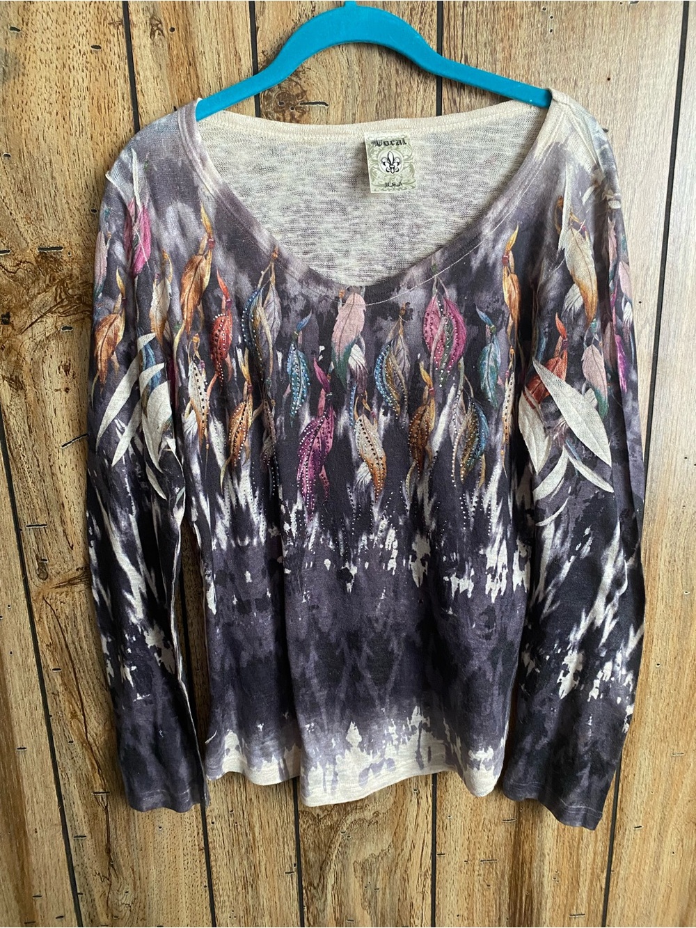 Vintage Vocal Rhinestone Feather Top M  Embellished Graphic Tee Long Sleeve Y2K